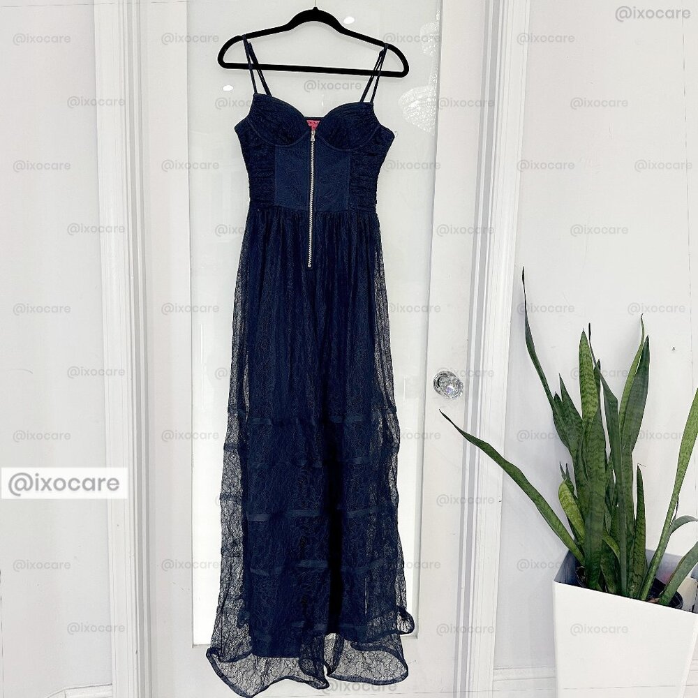 Betsey Johnson Navy Tulle Organza Front Zip Ruched Dress | Back Cut-Out | Size 8